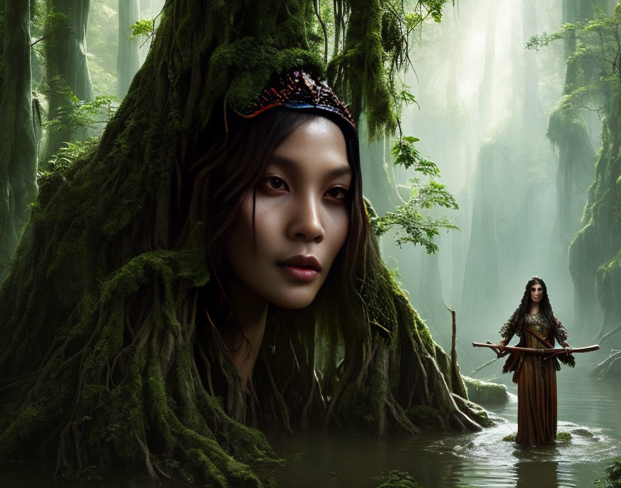 Two women in mystical forest setting with jeweled headband and warrior attire.