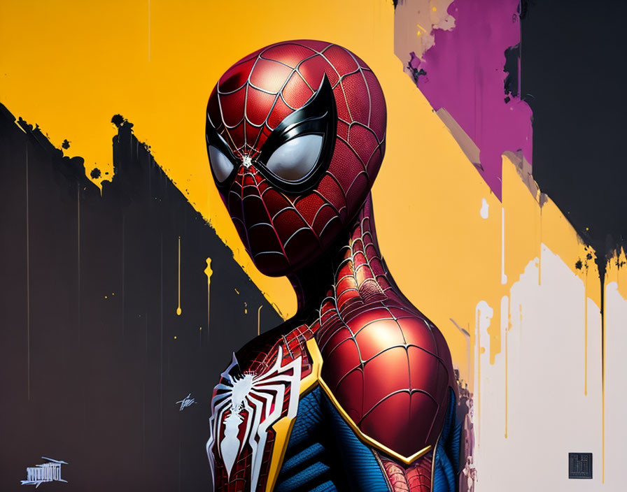 Vivid Spider-Man graffiti art on yellow and purple background