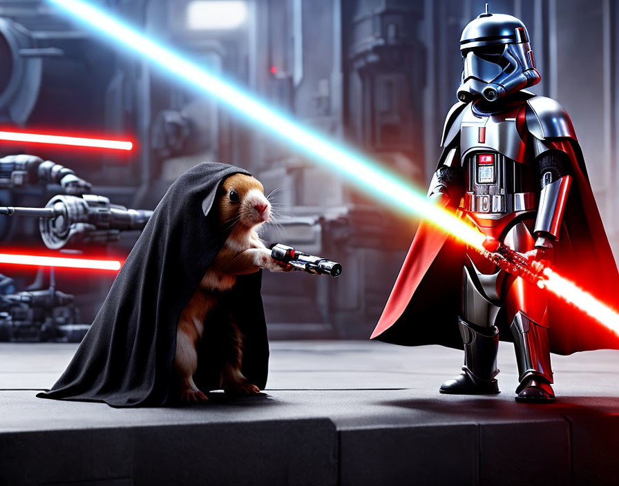 Guinea pig in black cloak with lightsaber faces person in reflective armor with red lightsaber