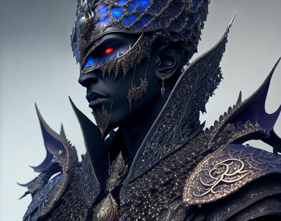 Blue-skinned character in ornate dark armor with red eyes and detailed helmet