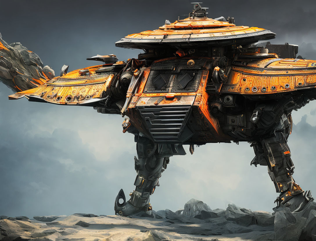 Giant futuristic orange and black robot in barren landscape