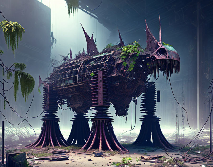 Giant mechanical creature with plant overgrowth in futuristic scene