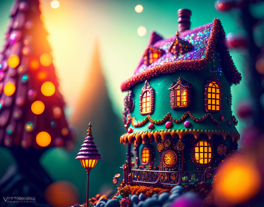 Colorful Gingerbread House with Candies and Frosting in Warm Light