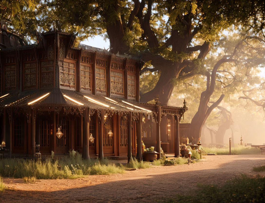 Ornate wooden house with lights in sunlit forest clearing