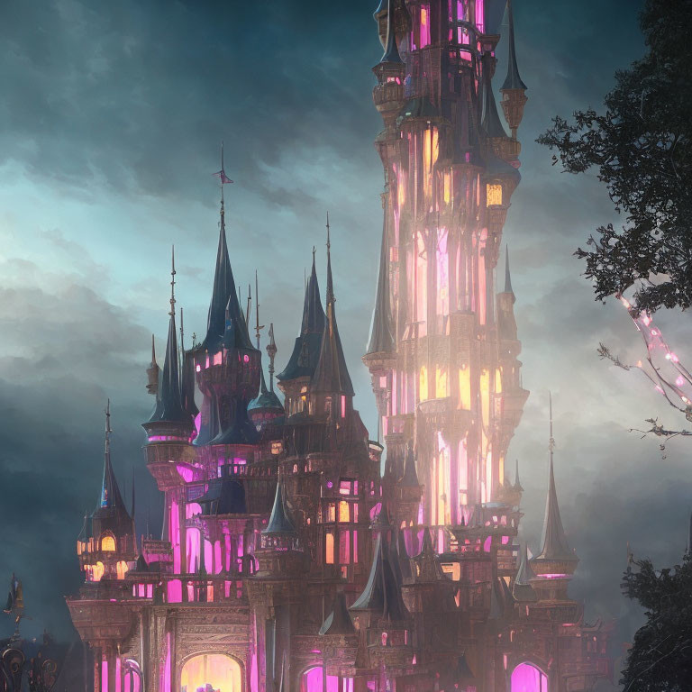 Fantasy castle with towering spires and mystical ambiance at dusk