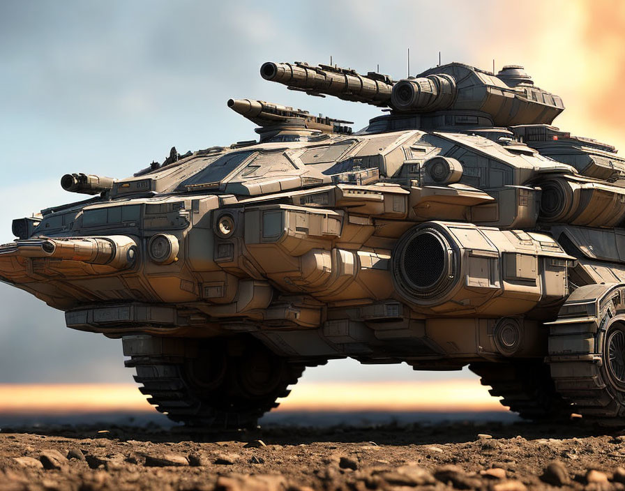 Futuristic armored tank with gun turrets hovers in barren landscape