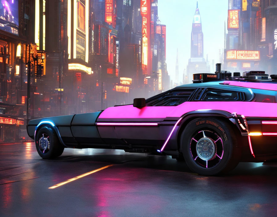 Futuristic pink and black car with neon lights in vibrant cityscape at dusk