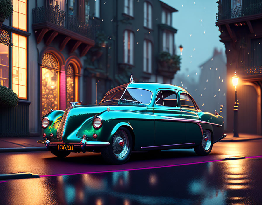 Vintage Green Car Parked on Cobblestone Street at Dusk with Lit Building Façades and