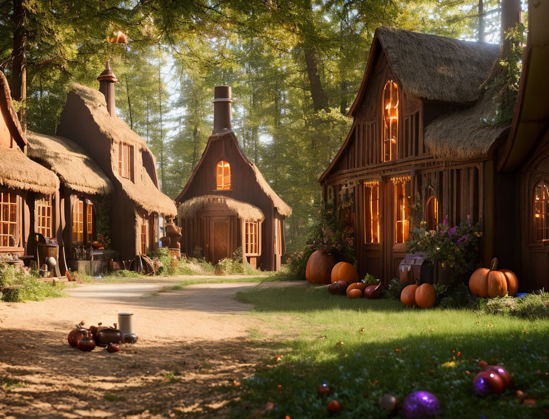 Thatched-Roof Cottages in Forest Clearing with Festive Decorations