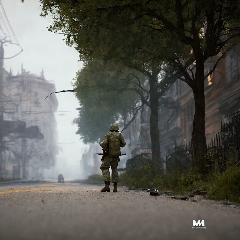 Military soldier walking in foggy street with trees and old buildings