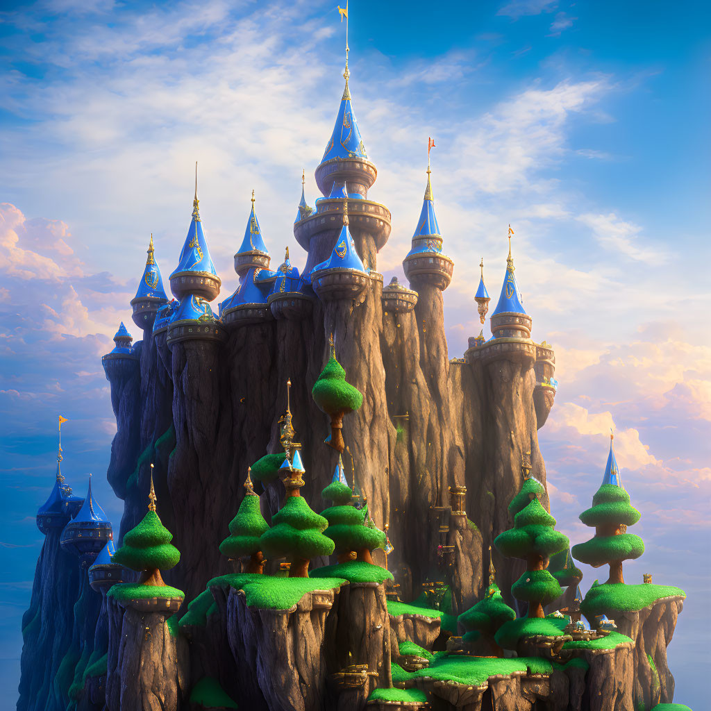 Fantastical castle on tall cliffs with blue rooftops and cloudy sky