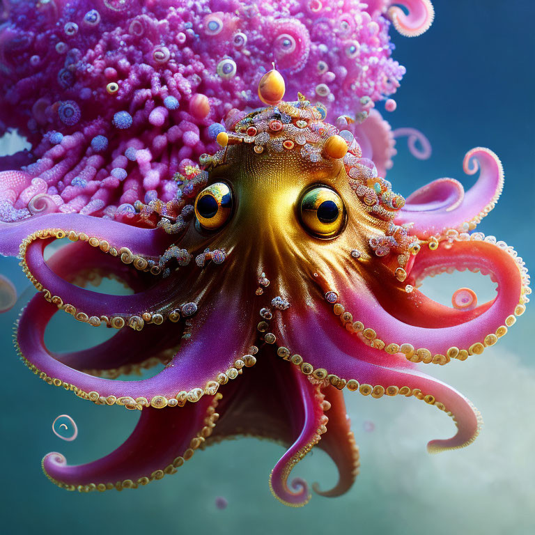 Colorful digital octopus with golden eyes and coral-like structure