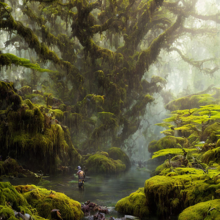 Person standing in misty forest stream surrounded by lush green moss-covered trees