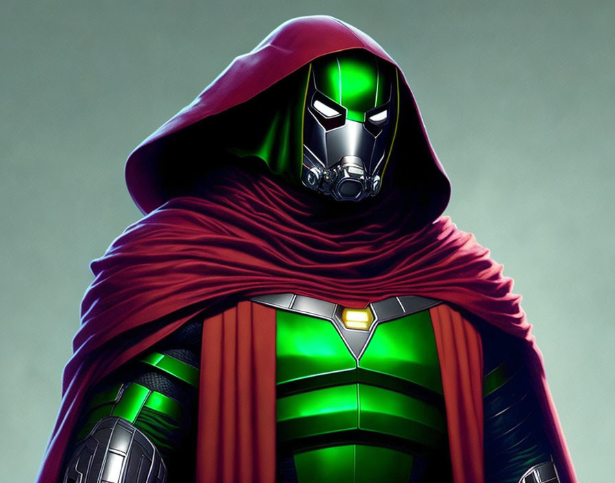 Menacing figure in red cloak and metallic green armor with futuristic helmet