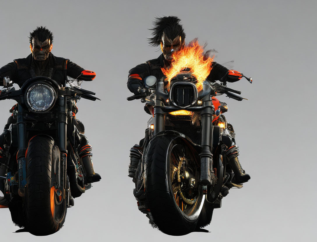 Animated characters on motorcycles with fiery breath on gray background.