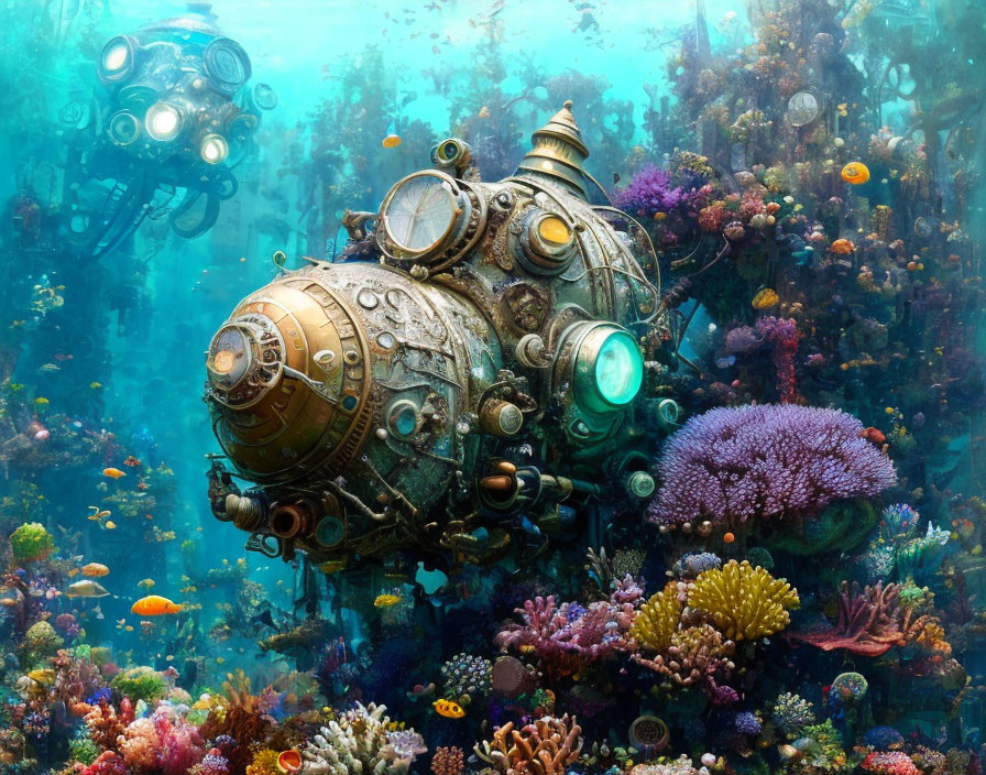 Colorful Coral Formations and Tropical Fish Surround Steampunk Submarine in Underwater Scene