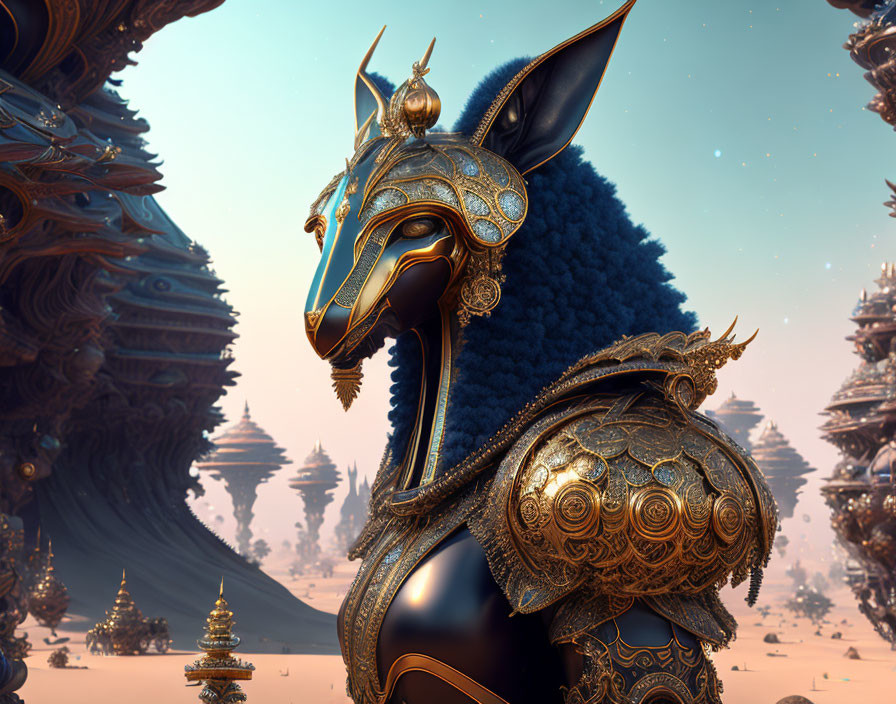 Anthropomorphic figure with jackal-like features in golden armor against desert backdrop