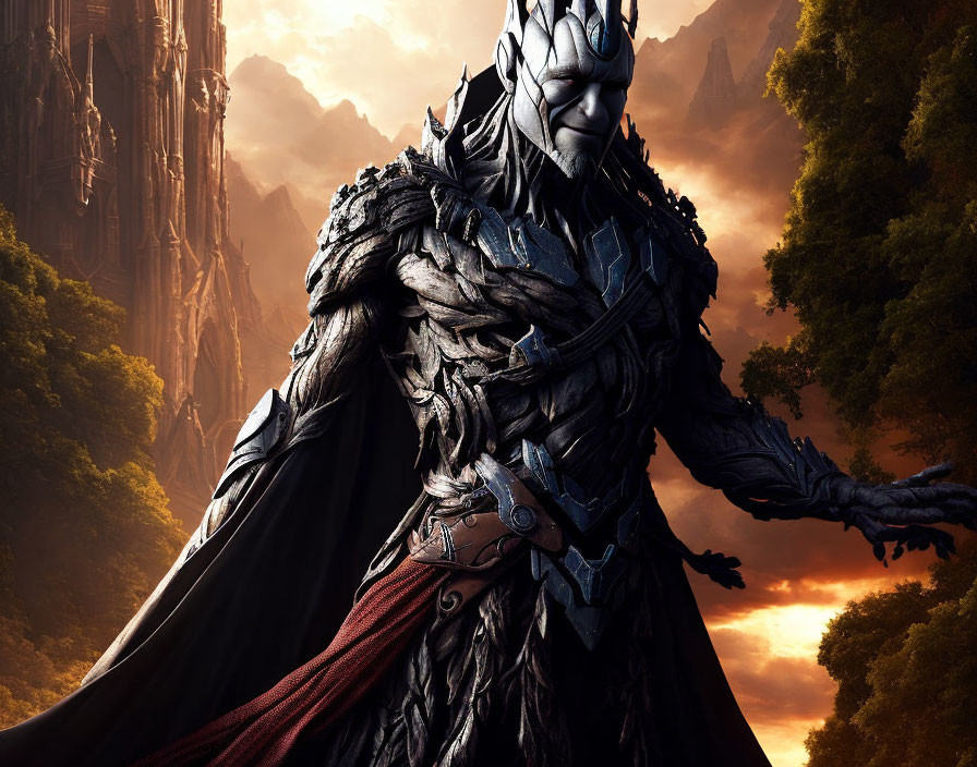 Fantasy character in dark armor against mystical forest backdrop