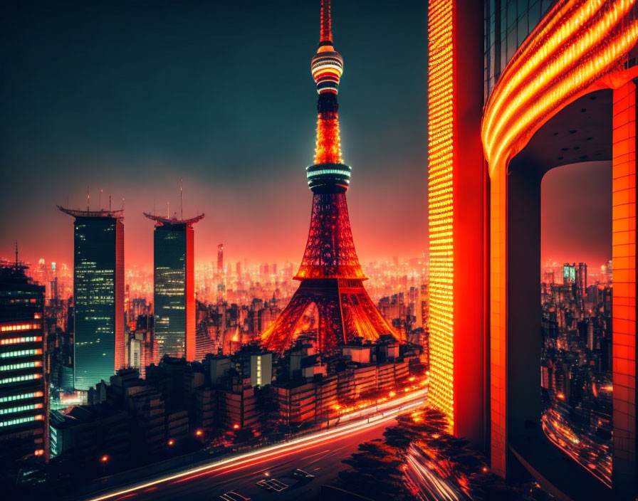 Night Cityscape with Neon-lit Eiffel Tower and High-rise Buildings