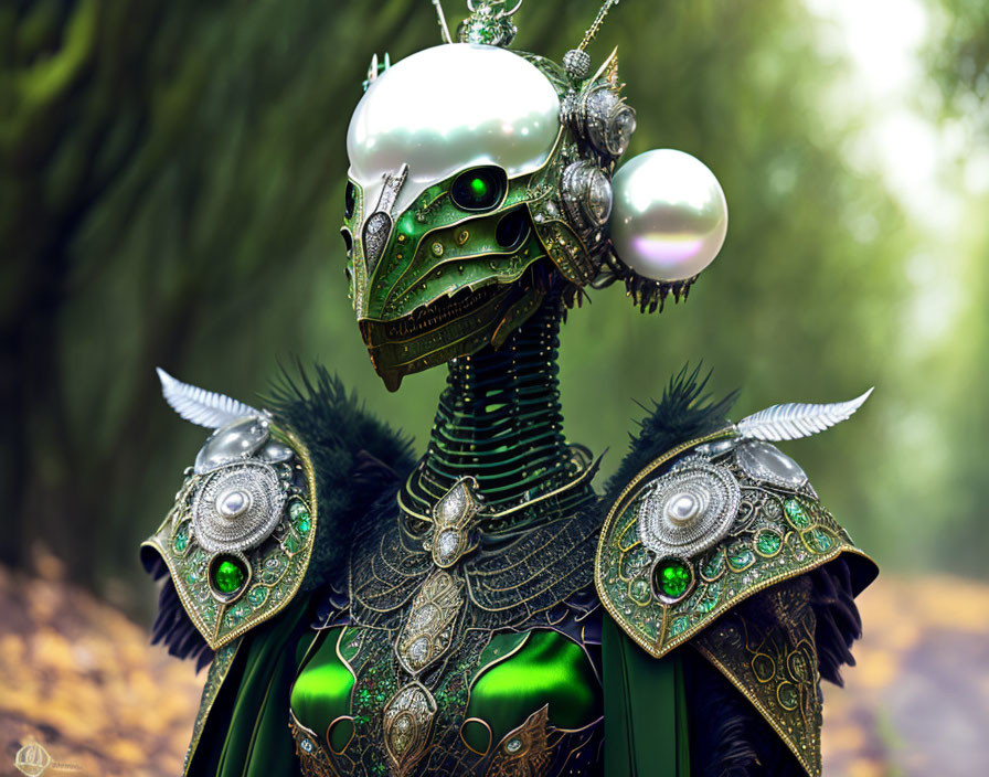 Futuristic green and metallic helmet with ornate design