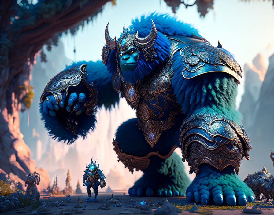 Fantastical blue-furred creature with horns and ornate armor in mystical forest.