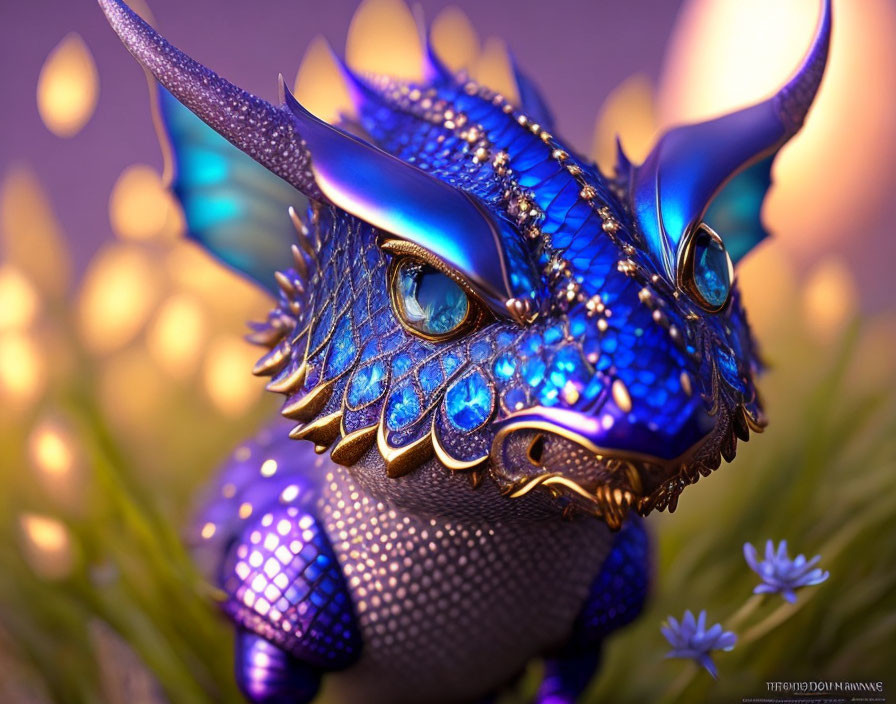 Blue and Purple Dragon Digital Artwork with Vibrant Eyes and Scales