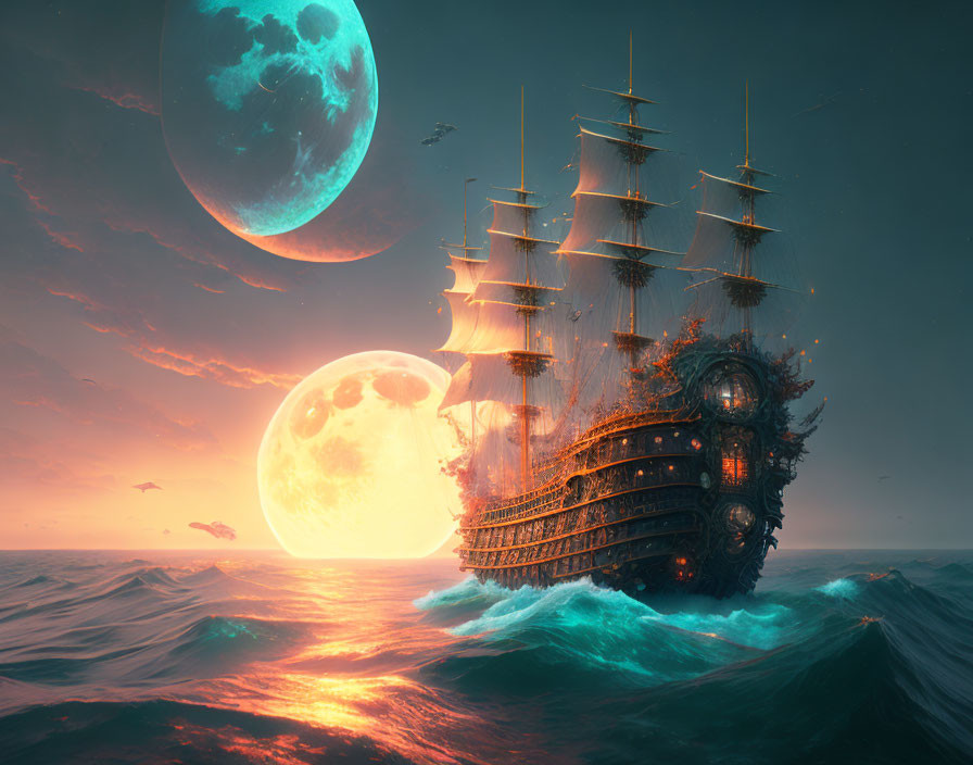 Majestic galleon sailing on tumultuous seas at sunset with two large moons in dreamy