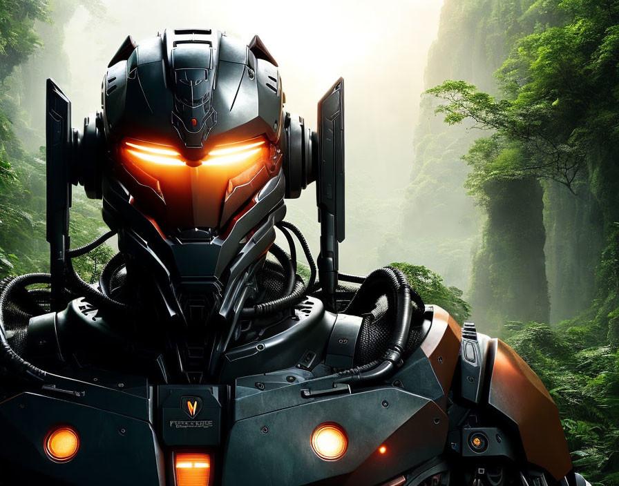 Futuristic robot with glowing orange visor in misty forest