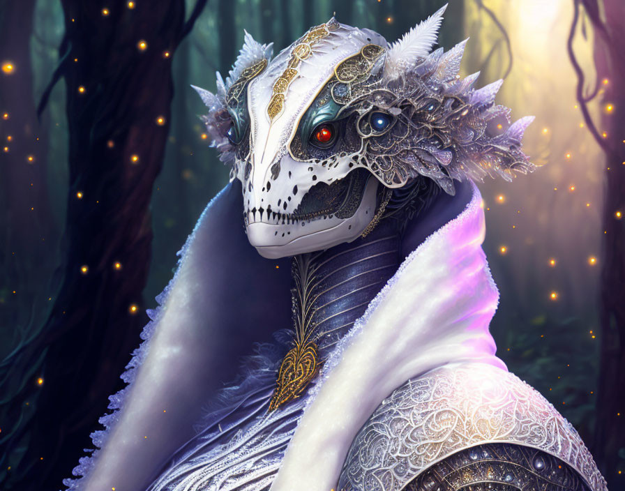 Mystical figure with dragon mask in enchanted forest scenery