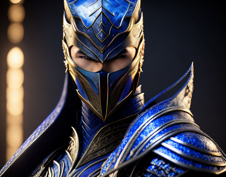 Detailed Close-Up of Person in Blue and Gold Ornate Helmet and Armor