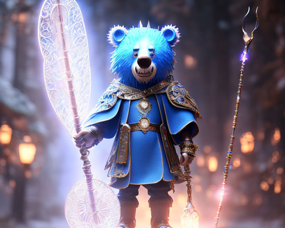 Regal blue bear in royal attire with ornate staff in enchanted forest