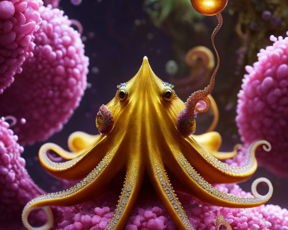 Colorful Golden Octopus on Pink Coral with Fish Bubble in Whimsical Underwater Scene