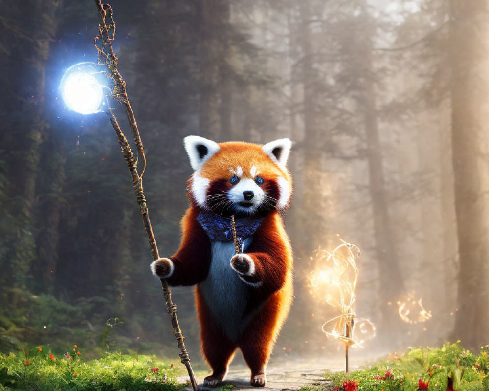 Red panda with glowing orb staff in enchanted forest