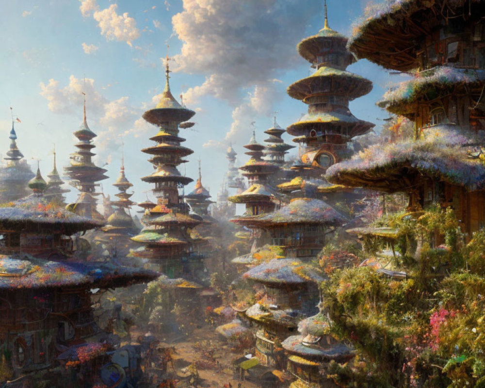 Colorful Pagoda-Style Structures in Fantasy Landscape