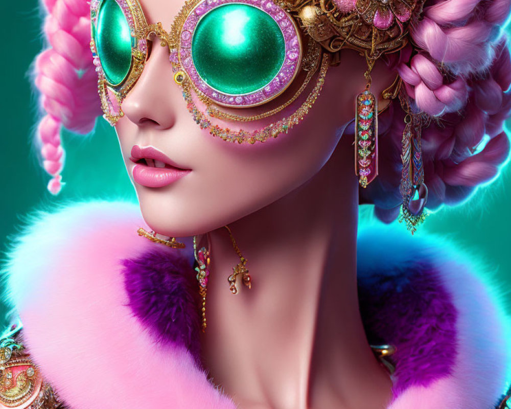 Detailed 3D illustration of woman with pink hair, green goggles, gold jewelry, and pink fur