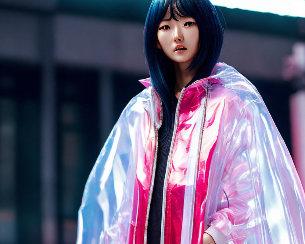 Dark-Haired Person in Pink Transparent Raincoat in Urban Setting