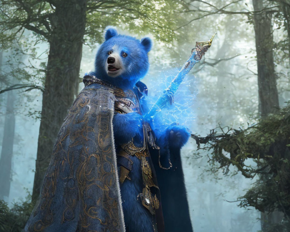 Blue bear in regal robes wields magical staff in enchanted forest