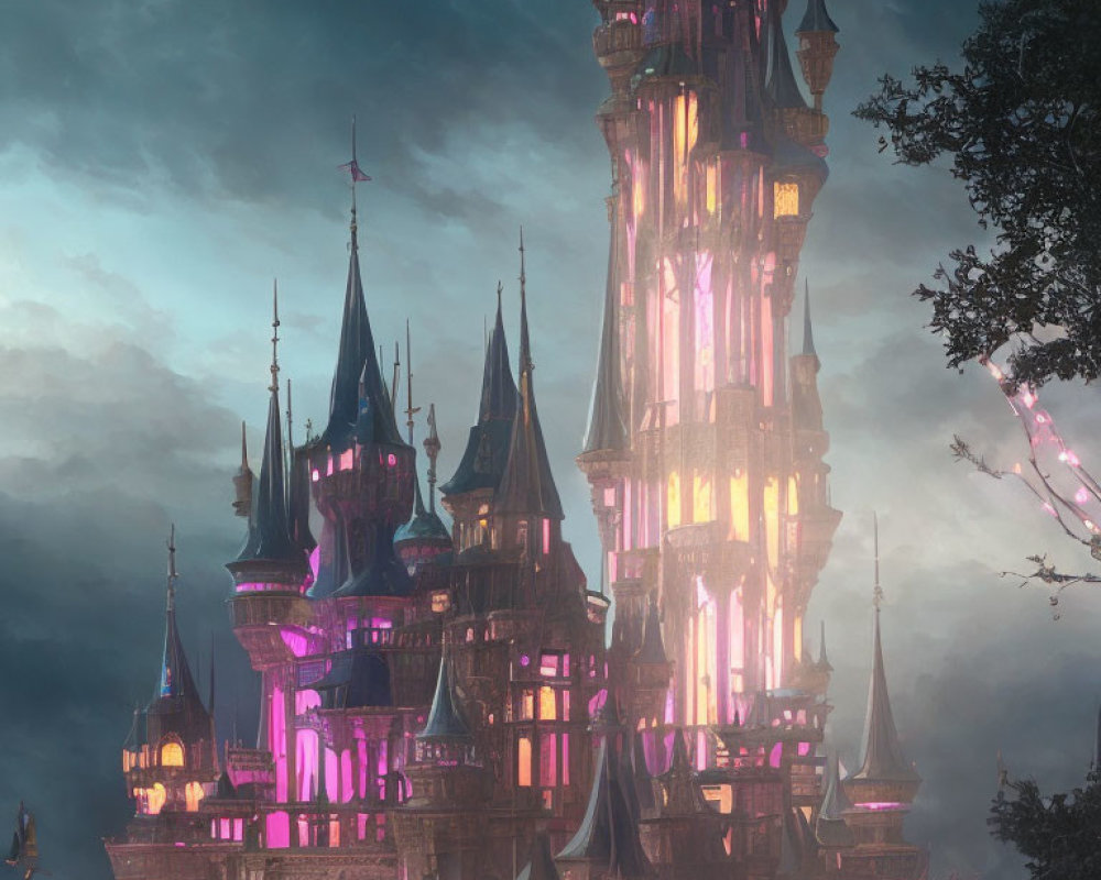 Fantasy castle with towering spires and mystical ambiance at dusk