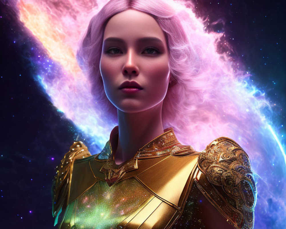 Platinum-haired woman in golden armor against cosmic nebula backdrop