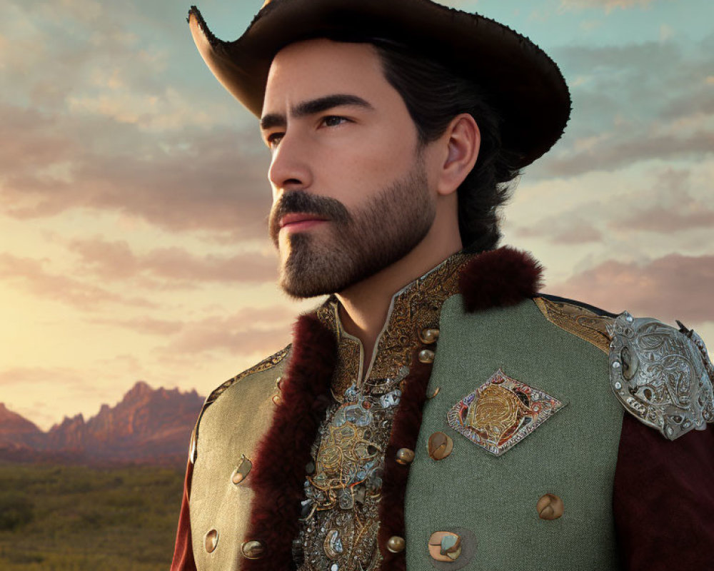 Man in ornate cowboy outfit with wide-brimmed hat against mountain backdrop