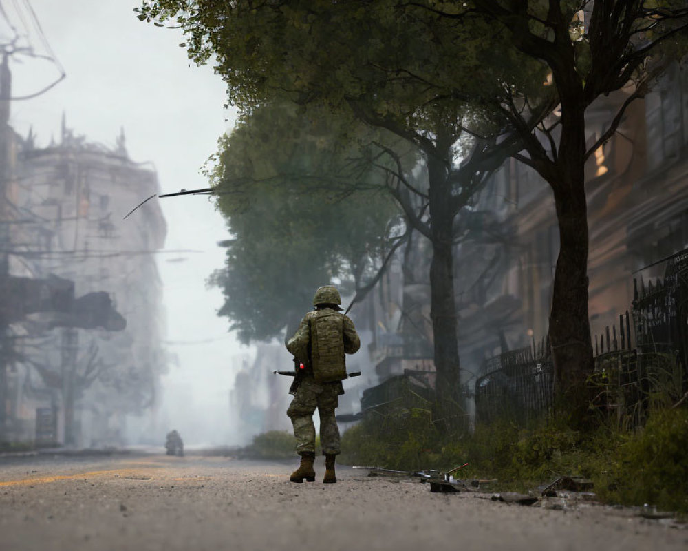 Military soldier walking in foggy street with trees and old buildings