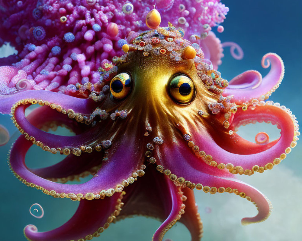 Colorful digital octopus with golden eyes and coral-like structure