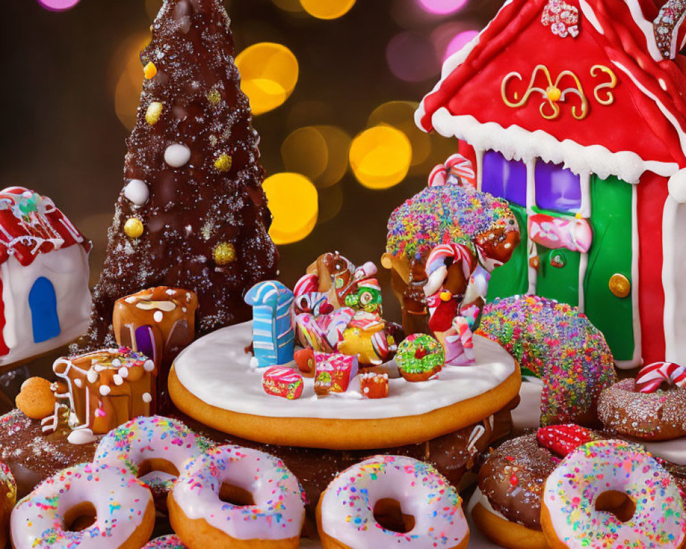 Colorful Holiday Sweets with Gingerbread House, Donuts, and Chocolate Tree