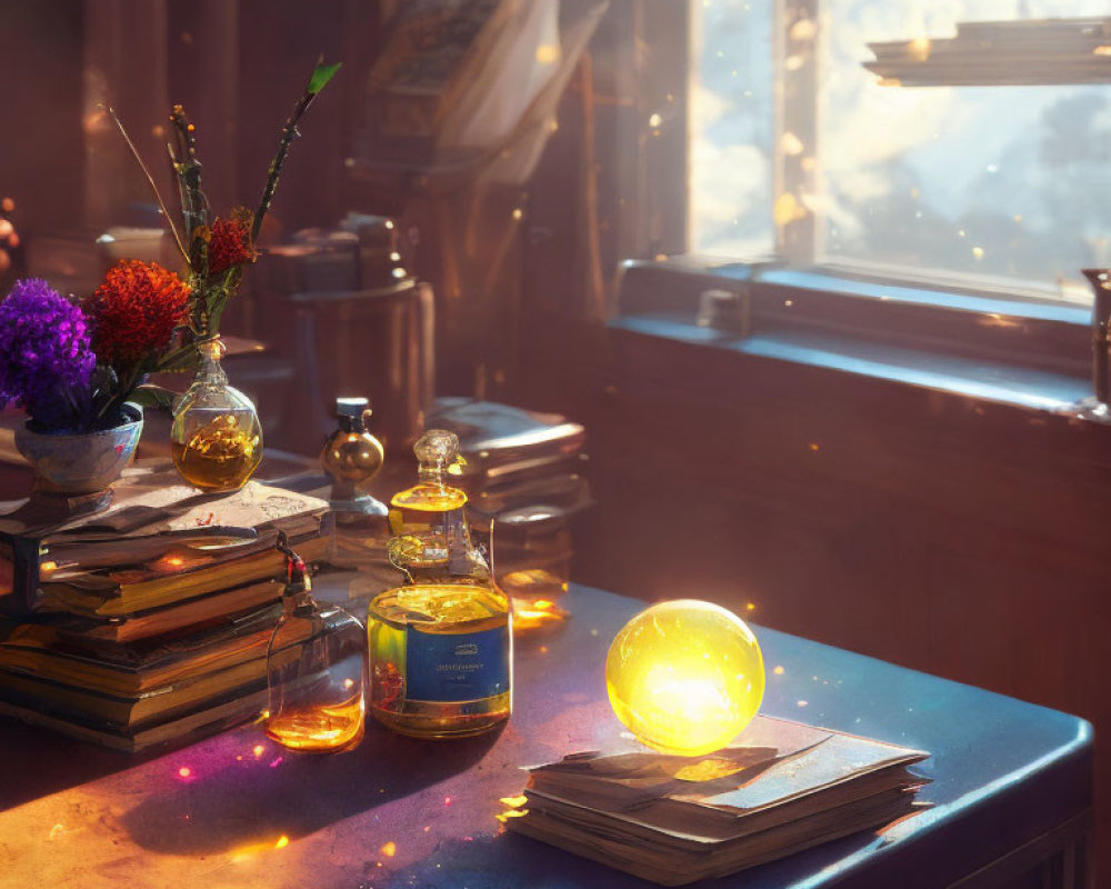 Sunlit Cozy Room with Books, Warm Orb, and Vials on Wooden Table