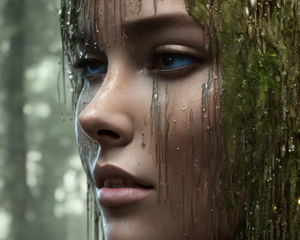 Person with water droplets and mossy tendrils in forest nymph aesthetic