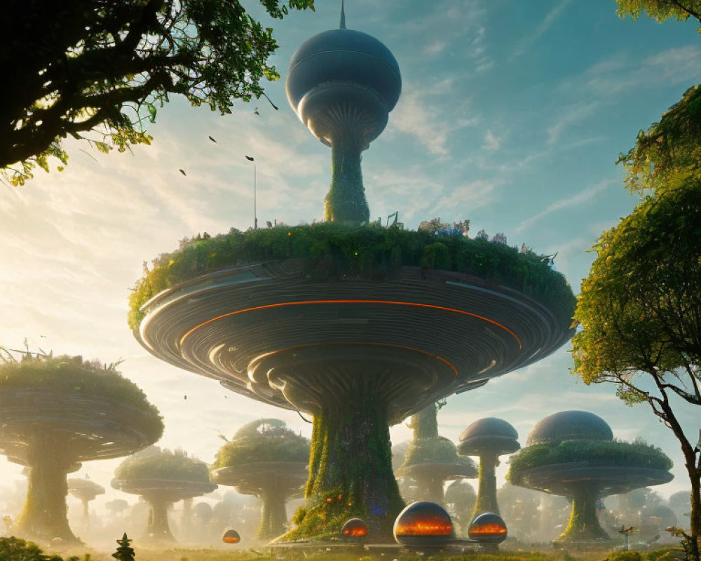 Fantastical landscape with towering mushroom-shaped structures amid verdant foliage