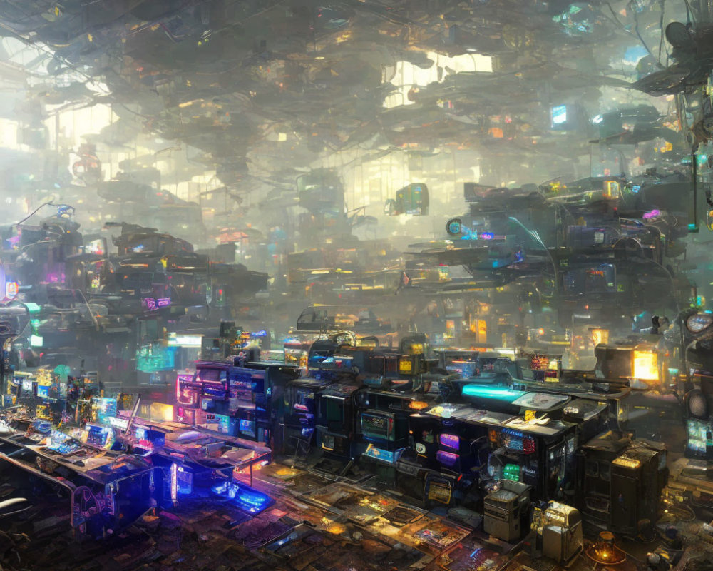 Dense, neon-lit futuristic cityscape under a hazy sky