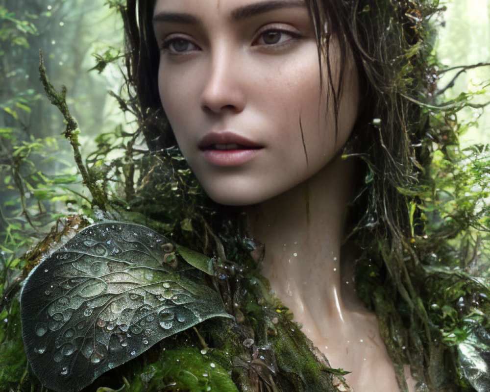 Woman with Dewy Skin and Dark Hair in Forest Setting