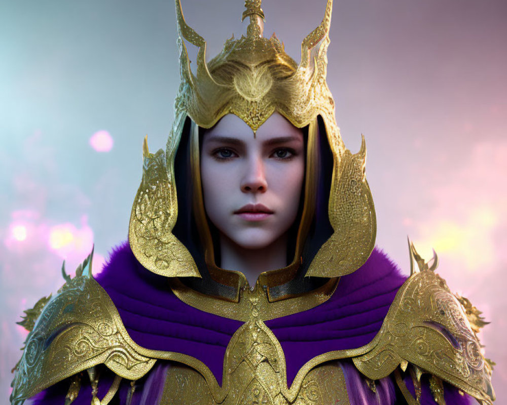 Woman in detailed golden helmet and purple shoulder armor on violet background