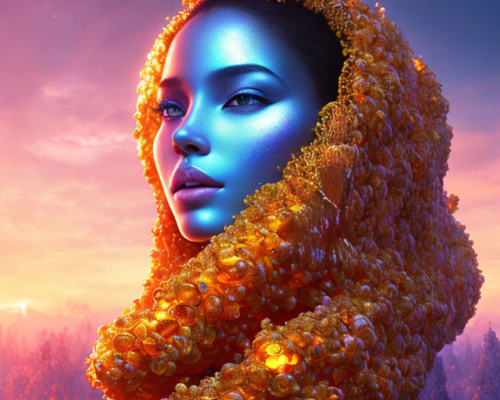 Blue-skinned woman with orange hood in digital art portrait